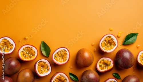 passion fruit in section on bright background with space for text