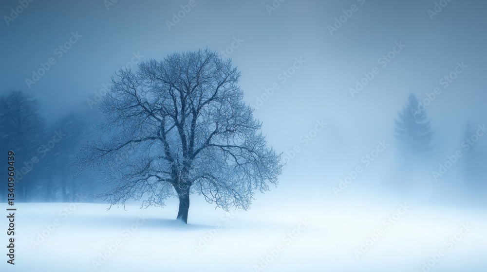 Serene Winter Landscape with Isolated Tree in Fog Shrouded Scene Emphasizing Calmness and Tranquility in a Snow-Covered Environment Serene Winter Landscape with Isolated Tree in Fog Shrouded Scene Emphasizing Calmness and Tranquility in a Snow-Covered Environment