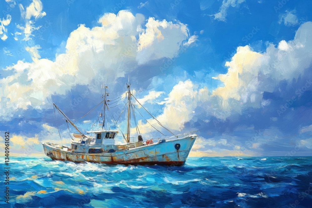 Obraz premium fishing boat in a vibrant blue ocean, serene and peaceful atmosphere, bright natural lighting, inviting and tranquil setting