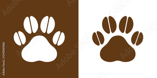 Logo bar pet friendly. Símbolo de cafetería de mascotas. Silueta de zarpa de perro o gato con granos de café 