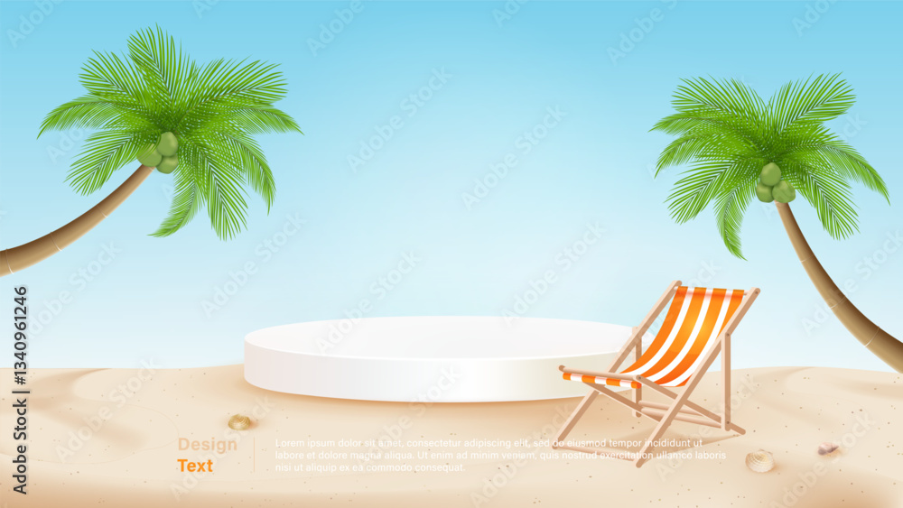 Fototapeta premium Summer sandy beach background with stage podium for product display, vector design