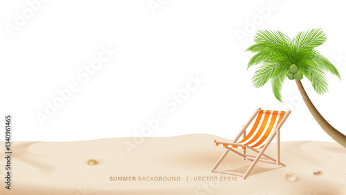 Summer sand background with beach chair, coconut tree and copy space