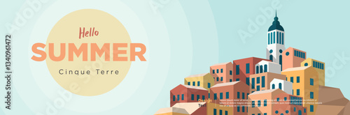 Summer architecture banner background concept with blue sky and vintage European style building of Cinque Terre - Liguria 