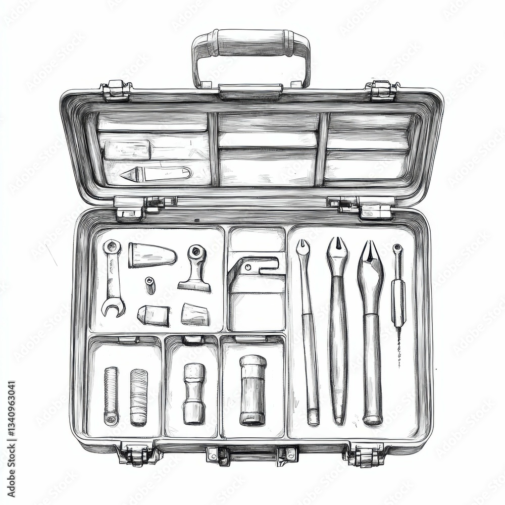 Open toolbox with assorted hand tools in black and white drawing Open toolbox with assorted hand tools in black and white drawing