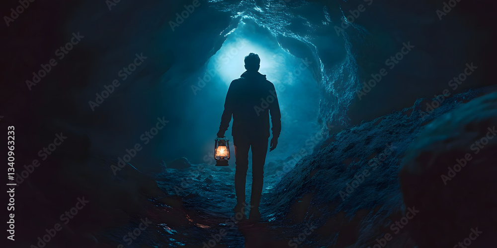 Fototapeta premium Into the Dark Cave: A lone figure with a lantern ventures into the mysterious depths of a subterranean world, illuminated only by the faint glow of their light.