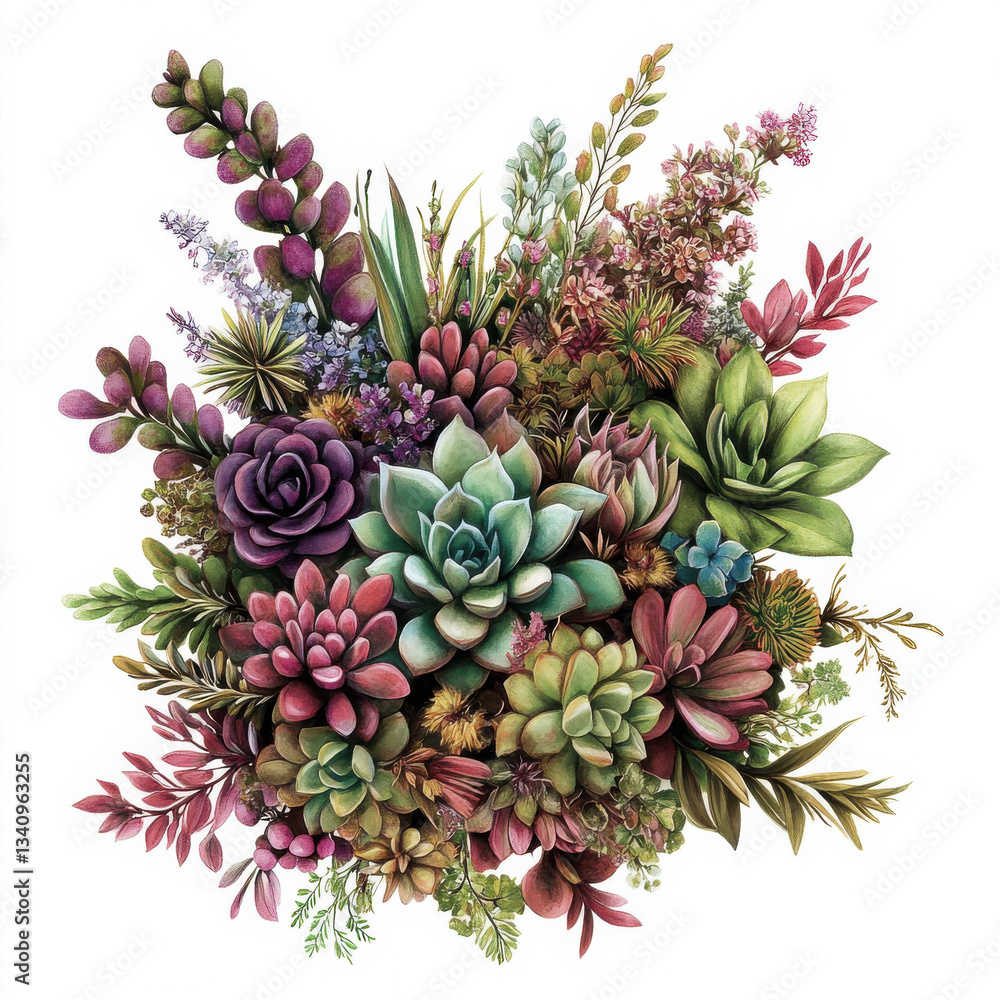Obraz premium vibrant cluster of watercolor succulents with green, pink, and purple hues, Isolated design on white background