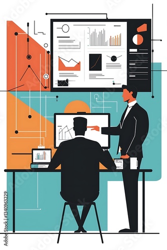 Linear depiction a businessman at a digital marketing meeting