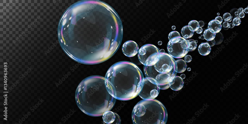 Realistic soap bubbles floating on a black background, reflecting iridescent rainbow light. Shiny, transparent, and glossy spheres create a dreamy, futuristic, and elegant visual effect. Realistic soap bubbles floating on a black background, reflecting iridescent rainbow light. Shiny, transparent, and glossy spheres create a dreamy, futuristic, and elegant visual effect.