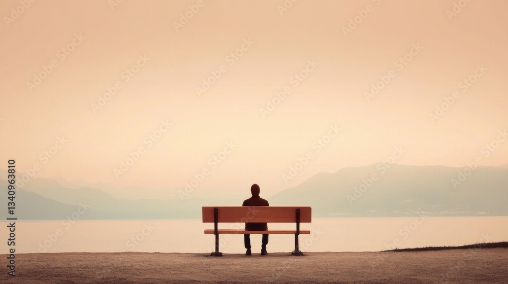 Solitary figure on a bench overlooking serene lake and distant mountains at sunset in a tranquil, minimalist landscape, evoking feelings of peace and reflection Solitary figure on a bench overlooking serene lake and distant mountains at sunset in a tranquil, minimalist landscape, evoking feelings of peace and reflection