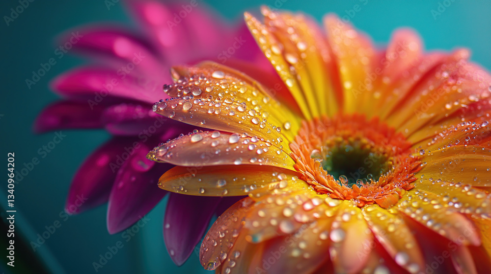 Close up of two gerbera daisies one pink and one orange with water droplets on the petals Close up of two gerbera daisies one pink and one orange with water droplets on the petals
