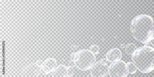 Transparent soap bubbles with soft iridescent shimmer float in the air. Light highlights create an iridescent effect on a light background, symbolizing purity, tenderness and children's joy.
