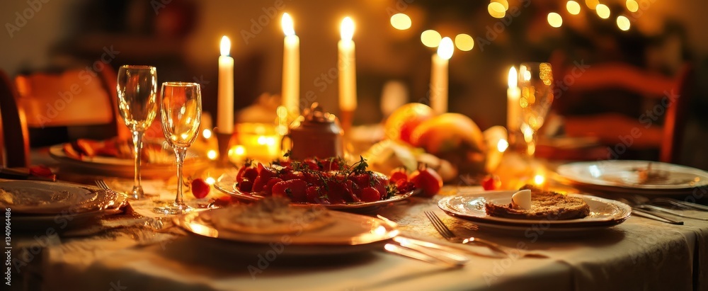A cozy dining table set with candles and assorted dishes creates a warm, inviting ambiance for a festive gathering or romantic dinner. A cozy dining table set with candles and assorted dishes creates a warm, inviting ambiance for a festive gathering or romantic dinner.