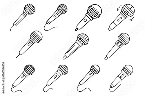 Set of karaoke mic line art vector icon illustration on white background.