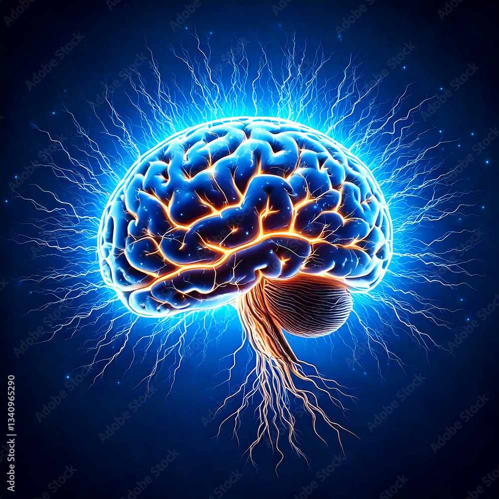 Human brain digital illustration. Electrical activity, flashes, and lightning on a blue background