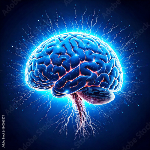 Obraz na płótnie Human brain digital illustration. Electrical activity, flashes, and lightning on a blue background w salonie
