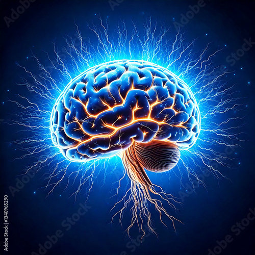 Obraz na płótnie Human brain digital illustration. Electrical activity, flashes, and lightning on a blue background w salonie