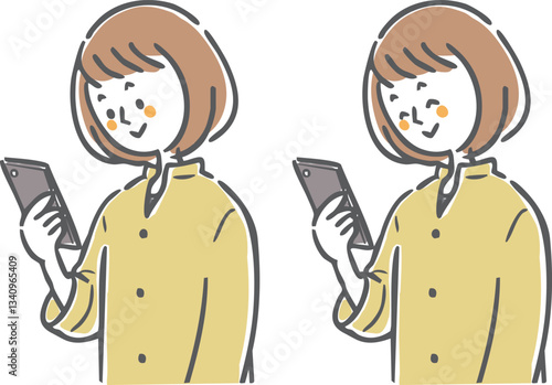 スマホを操作する若い女性　上半身　ベクター