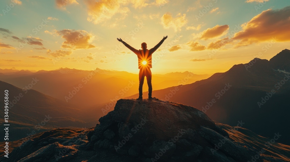 A silhouette of a person standing triumphantly on a mountain peak during a stunning sunset, radiating warmth and inspiration, embodying freedom and adventure. A silhouette of a person standing triumphantly on a mountain peak during a stunning sunset, radiating warmth and inspiration, embodying freedom and adventure.