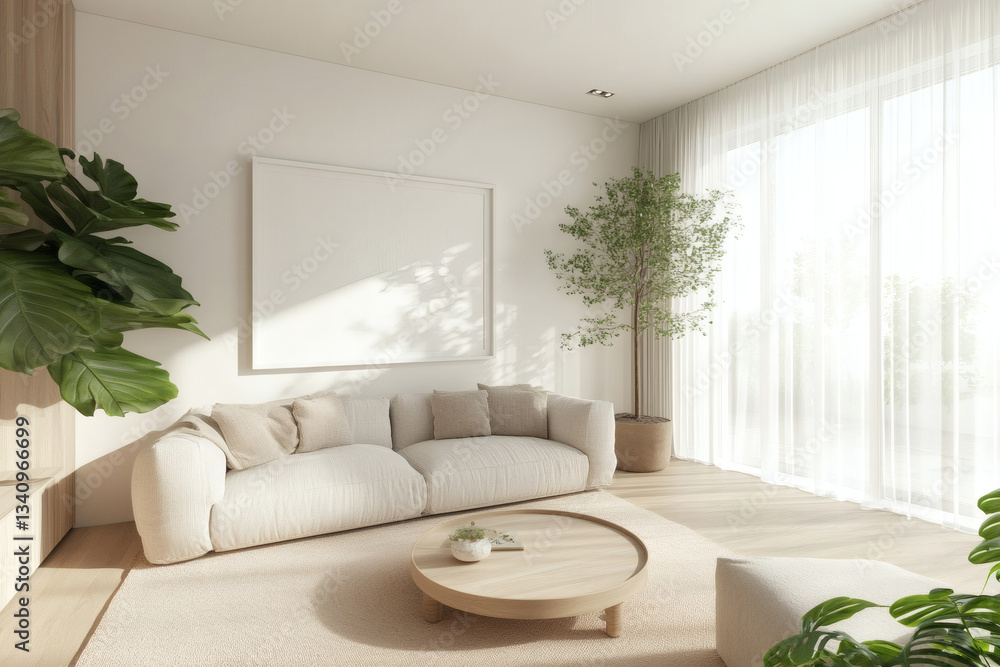 Fototapeta premium Bright Scandinavian Living Room with Large White Picture Frame Mockup