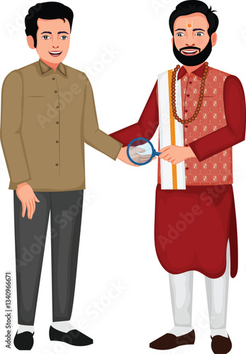 Indian Astrologer Holding Magnifying Glass And Check Palm of a Man