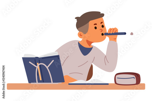 School boy sitting at desk spitting with chewed paper in class flat vector illustration isolated on white.