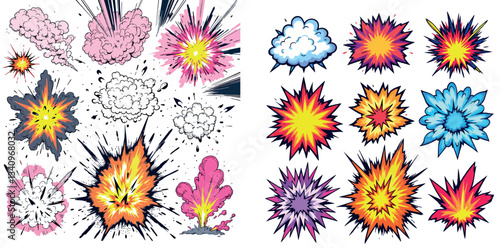 Vsai comic explosion set with colorful exploding effects and smoke clouds