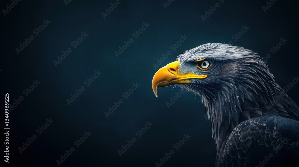 Obraz premium Majestic Eagle Portrait with Sharp Eyes and Distinctive Yellow Beak Against Dark Background Capturing Nature's Power and Beauty in Wildlife Photography