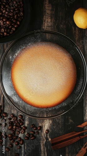 Top view of lemon sponge cake in transparent plate on a black rustic wooden planks surrounded by coffee beans, hyper realistic photo with high quality