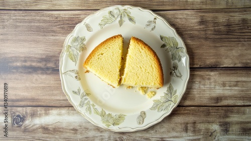 Top view of lemon sponge cake in ceramic leaf design plate on a wooden elegant background beans, hyper realistic photo with high quality