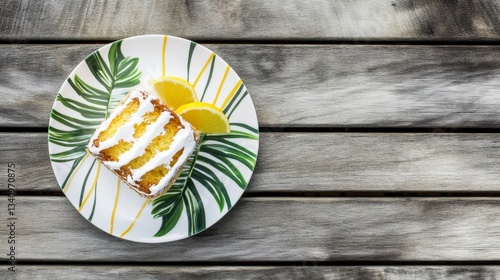 Top view of lemon sponge cake in ceramic leaf design plate on a wooden elegant background beans, hyper realistic photo with high quality