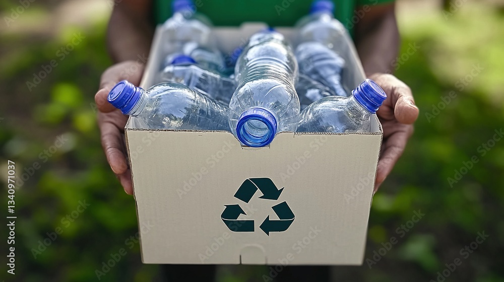 custom made wallpaper toronto digital Environmental activist holding empty plastic bottle recycling box with used water bottles, green t-shirt, close-up of hand with white boxes full of glass water bottles against green background