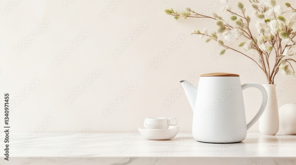 Elegant minimalistic tea setup with white kettle, cups, and decorative flowers on a marble table against a soft neutral background Elegant minimalistic tea setup with white kettle, cups, and decorative flowers on a marble table against a soft neutral background