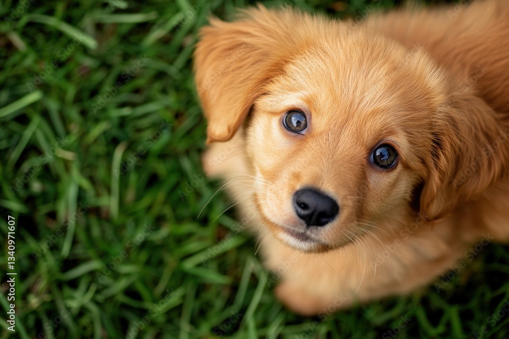 This adorable golden puppy is sitting on fresh green grass, gazing up with big, expressive eyes. It captures the essence of innocence and joy. This adorable golden puppy is sitting on fresh green grass, gazing up with big, expressive eyes. It captures the essence of innocence and joy.