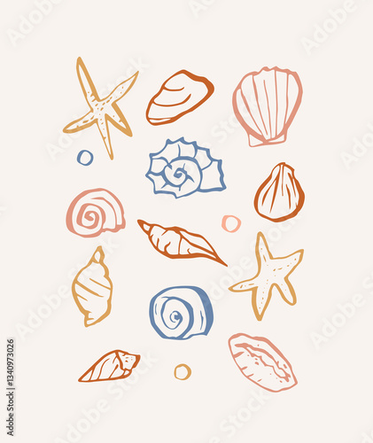 Hand drawn ink seashells collection