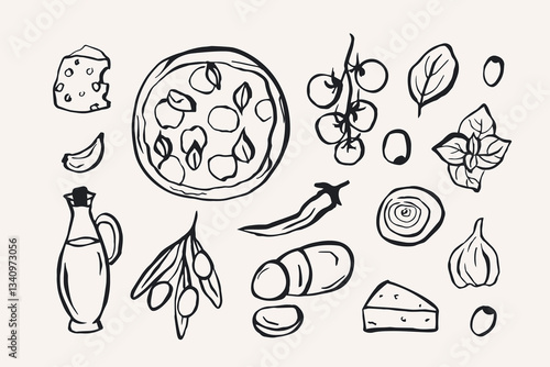 Hand drawn doodle pizza ingredients illustration