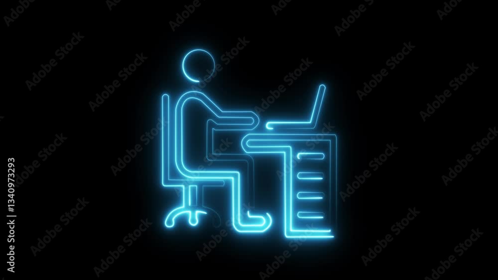 Glowing Neon Working on Computer Icon | Business & Office Work Symbol on Black Background Glowing Neon Working on Computer Icon | Business & Office Work Symbol on Black Background