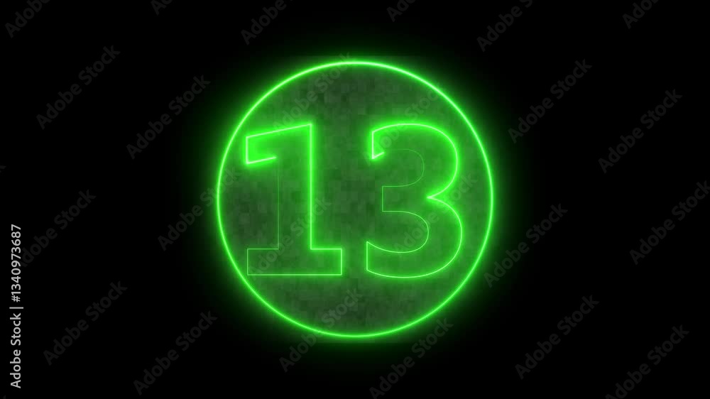 : A circle with a green neon icon on a black background and the text 13 in the middle of it. : A circle with a green neon icon on a black background and the text 13 in the middle of it.