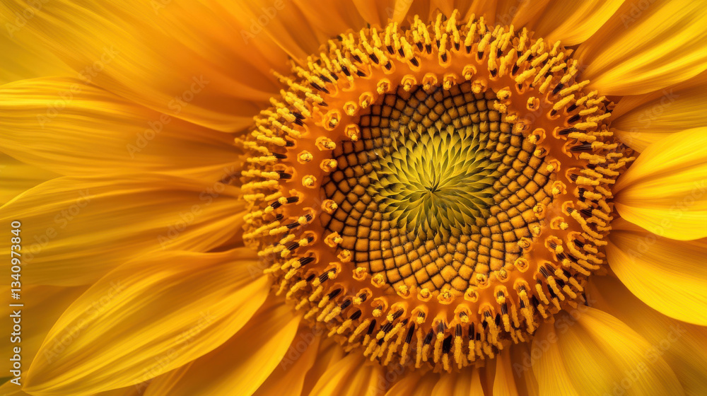 A vibrant sunflower in extreme close-up, its golden petals radiating outward from a detailed, textured center A vibrant sunflower in extreme close-up, its golden petals radiating outward from a detailed, textured center