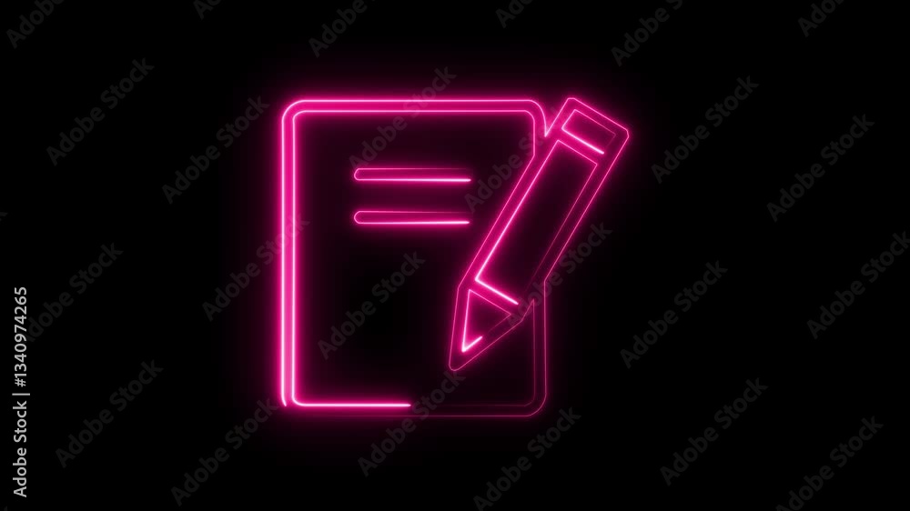 Glowing Neon Document with Pen Icon | Paper File & Form Animation on Black Background Glowing Neon Document with Pen Icon | Paper File & Form Animation on Black Background