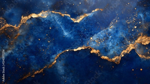 Close-up view of lapis lazuli texture featuring deep blue hues with shimmering gold veins for elegant backgrounds and wallpapers