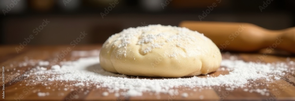 Fresh dough resting on wooden cutting board with rolling pin and flour Fresh dough resting on wooden cutting board with rolling pin and flour