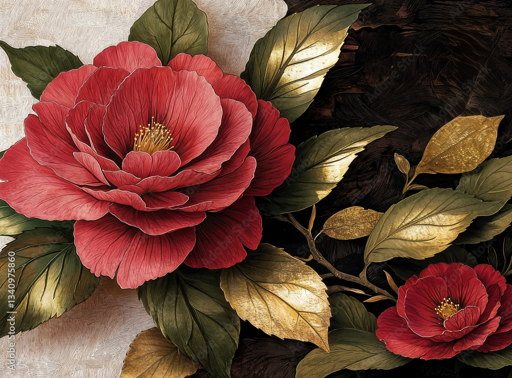 Vibrant crimson blooms and deep green leaves, accented by gold leaf details.