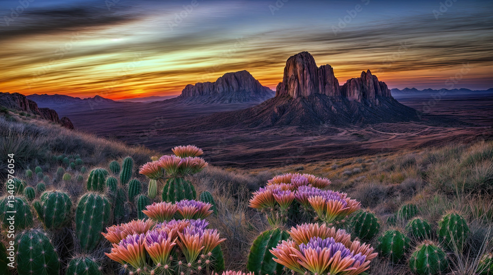 A breathtaking vista of the desert at sunrise, with colorful wildflowers and cacti in the foreground.
