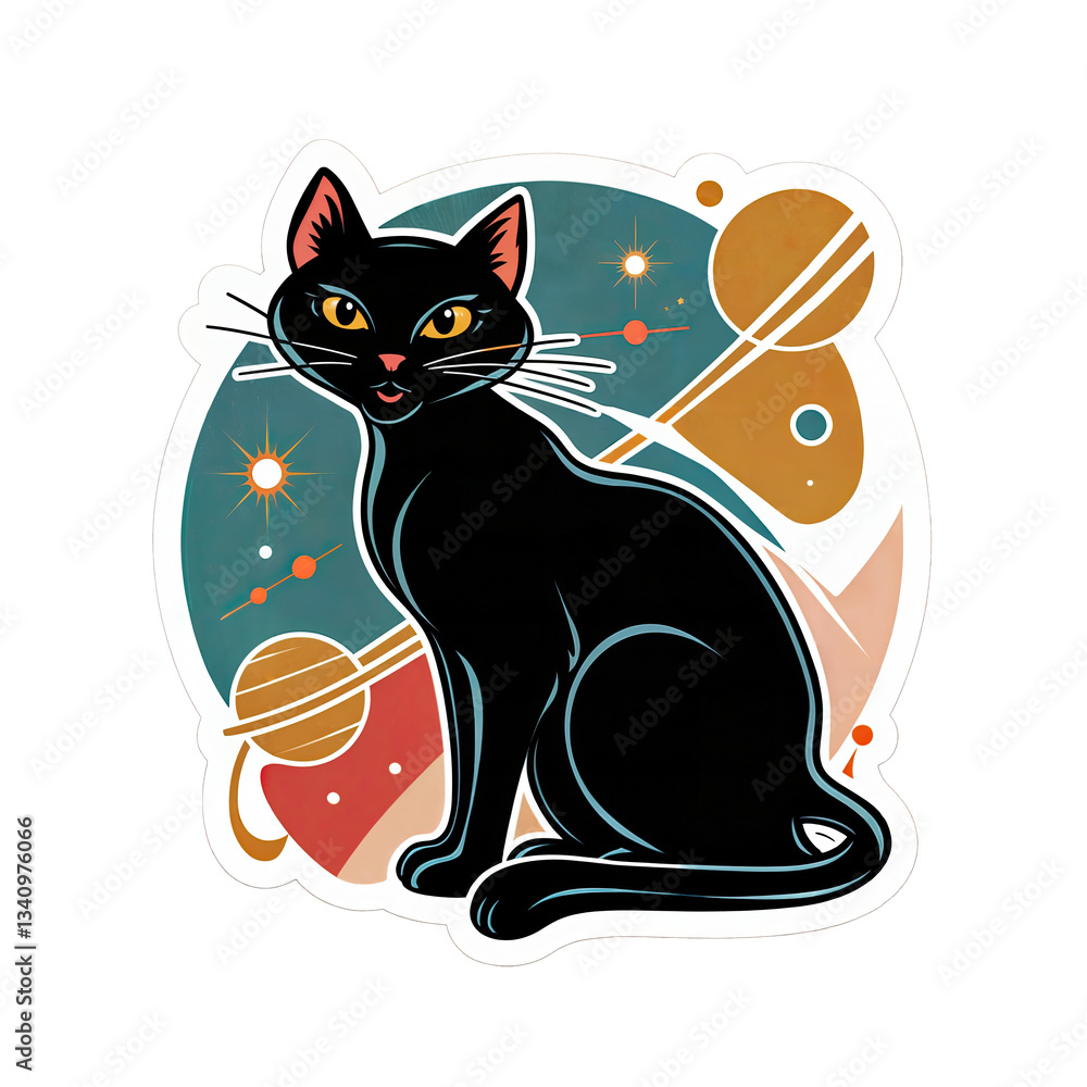 a sticker featuring a stylized, modern illustration of a black cat sitting against a cosmic background. The background includes abstract shapes, planets, and stars, creating a space-like atmosphere.