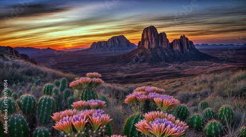 Obraz na płótnie A breathtaking vista of the desert at sunrise, with colorful wildflowers and cacti in the foreground. w salonie