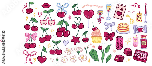 Elegant Сherry Sketch set. Cherries Vibe mood board. Bunch of decorative elements pretty charming bows and cherry berries. Berry icons for diary, card, stickers, design.
