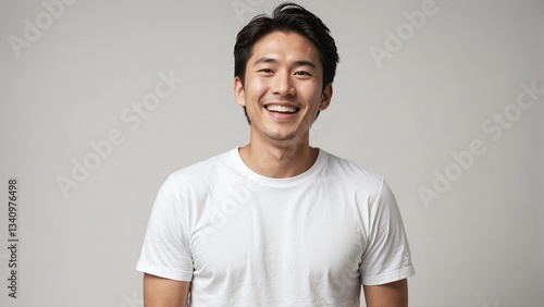 Smiling Young Japanese Man in Casual Attire on a Plain Backdrop, Suitable for Educational Materials, Online Profiles, or Introductory Visuals