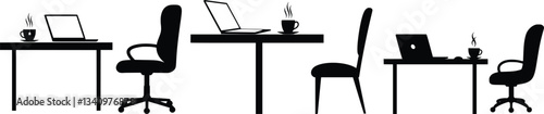 Black and white minimalist silhouette of a workspace with a laptop, coffee cup, and chair centered on the artboard