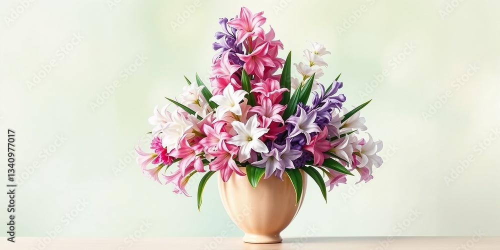 Grand floral centerpiece featuring pink, white, and purple hyacinths in a beige vase Grand floral centerpiece featuring pink, white, and purple hyacinths in a beige vase