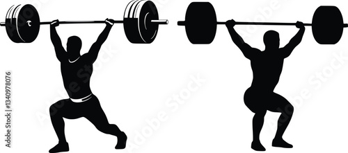 Black and white silhouette of a person performing a weightlifting exercise with a barbell overhead in a lunge stance

